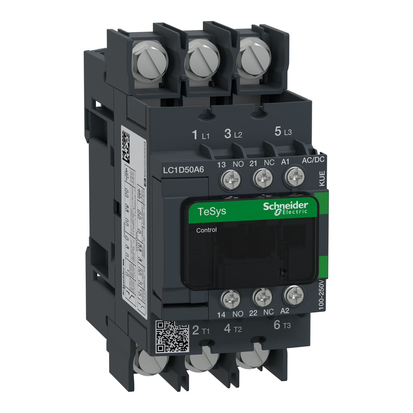 Schneider Electric-LC1D50A6KUE-TeSys D Green - contacteur 3P (3NO) 50A - 100/250VCA/CC - basse conso - cosses