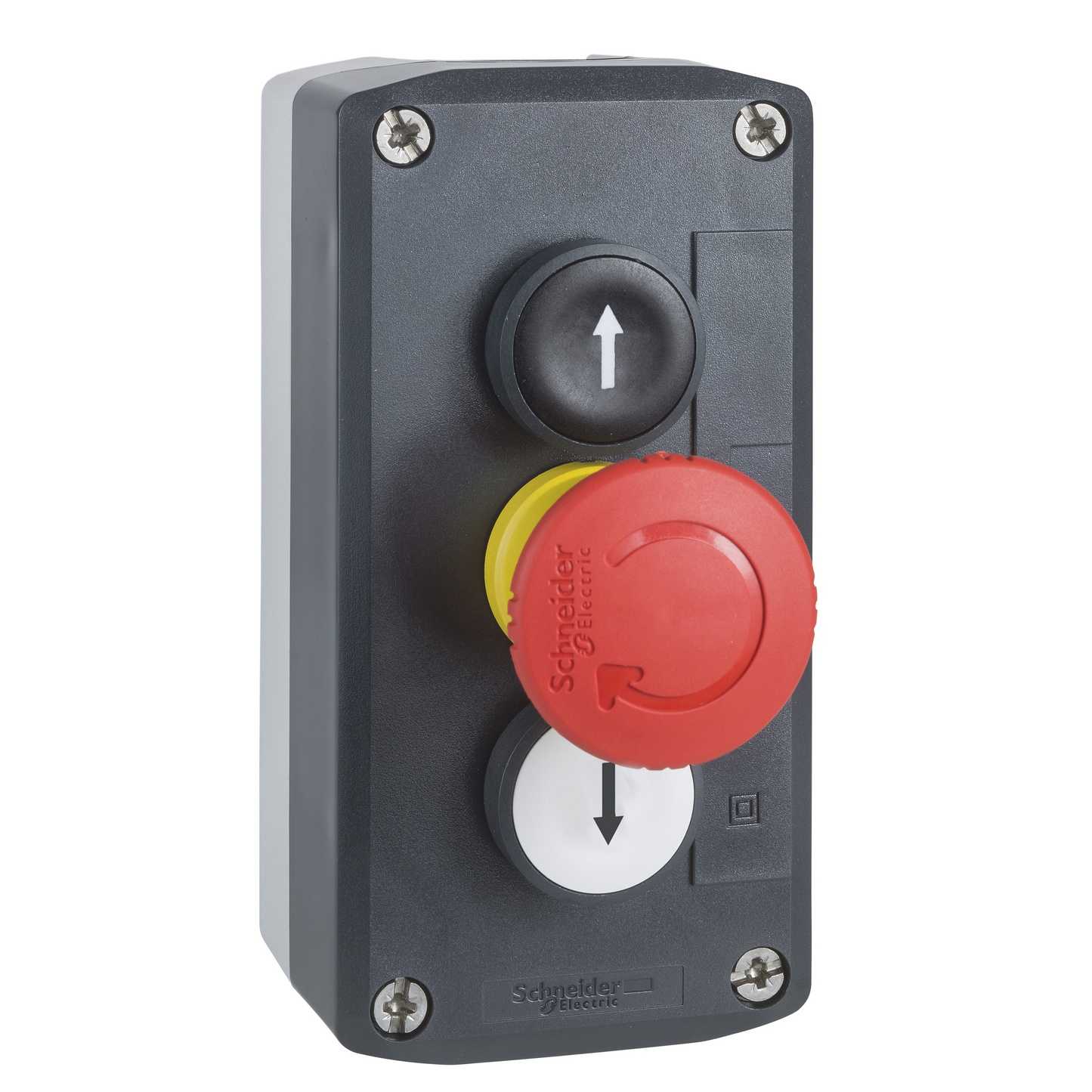 Schneider Electric-XALD328-Harmony boite - 3 boutons poussoirs Ø22 - blanc /coup de poing rouge Ø30 /noir