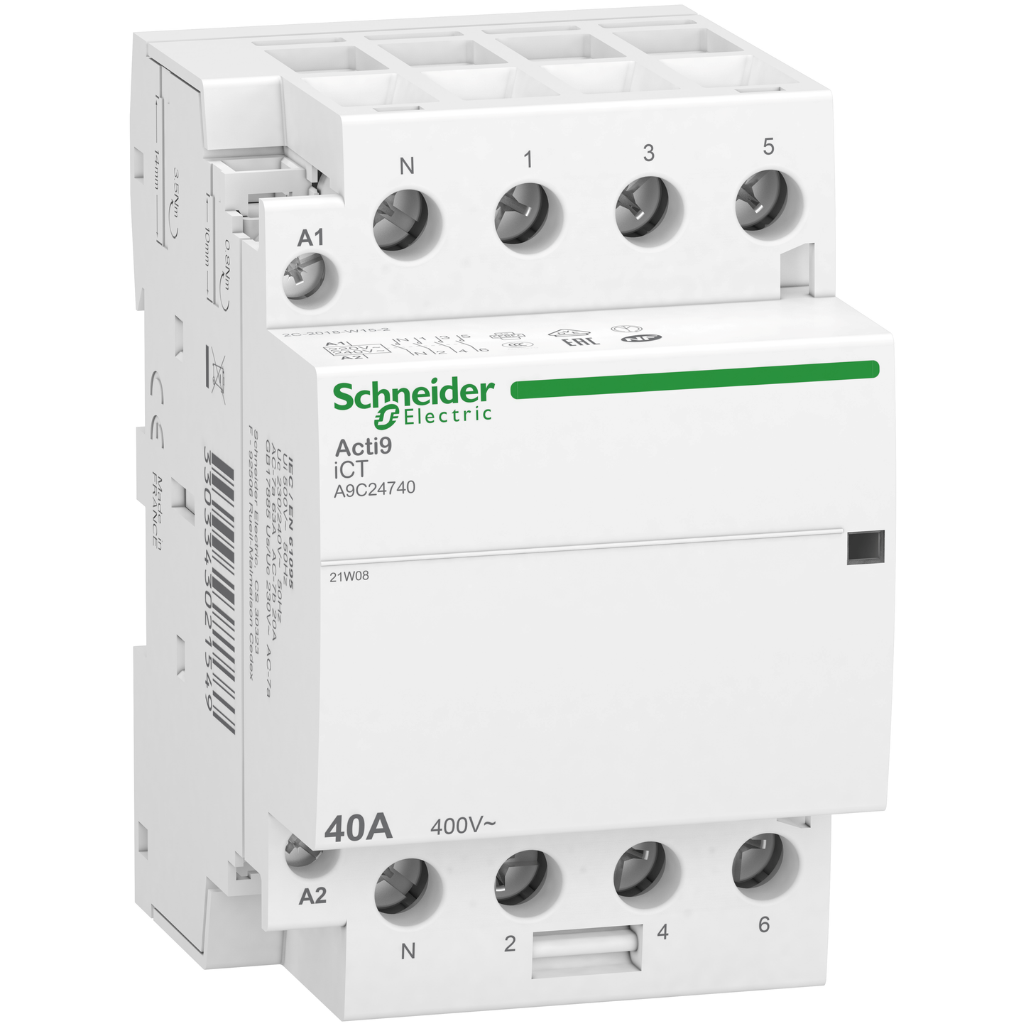 Schneider Electric-A9C24740-Acti9 iDT40 CT - Contacteur tête de grp 3P+N 40A AC7a - 4NO - 230/240Vca - 50Hz