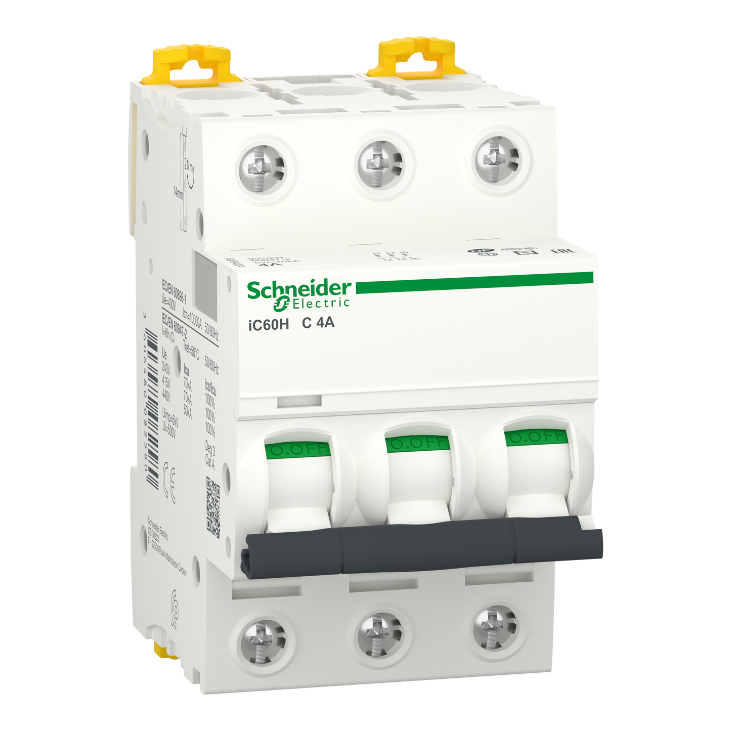 Schneider Electric-A9F84304-Acti9 iC60H - Disjoncteur - 3P - 4A - Courbe C - 400Vca - 10000A/70kA