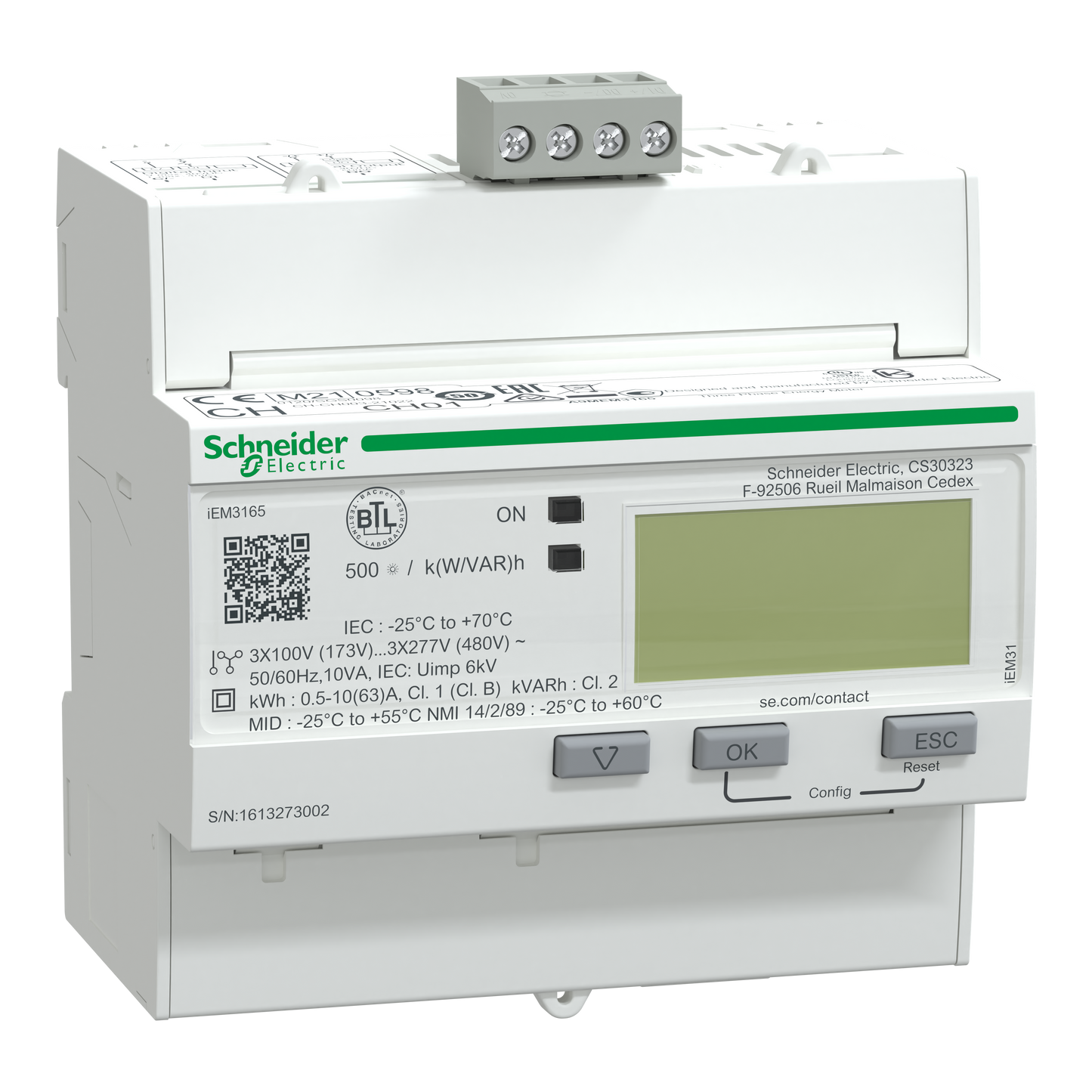 Schneider Electric-A9MEM3165-Acti9 iEM - compteur d'énergie tri - 63A - multitarif - alarme kW - BACnet - MID