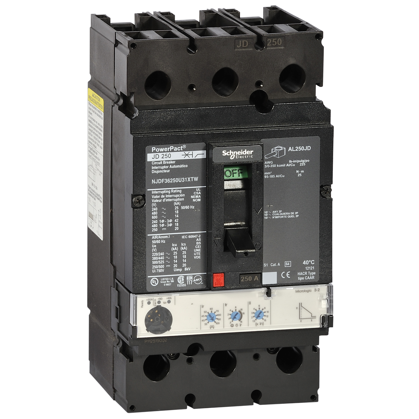 Schneider Electric-NJJF36250U31XTW-PowerPact J - disjoncteur 250A - sans bornes - 65kA Micrologic 3.2 250 A 3P 3d