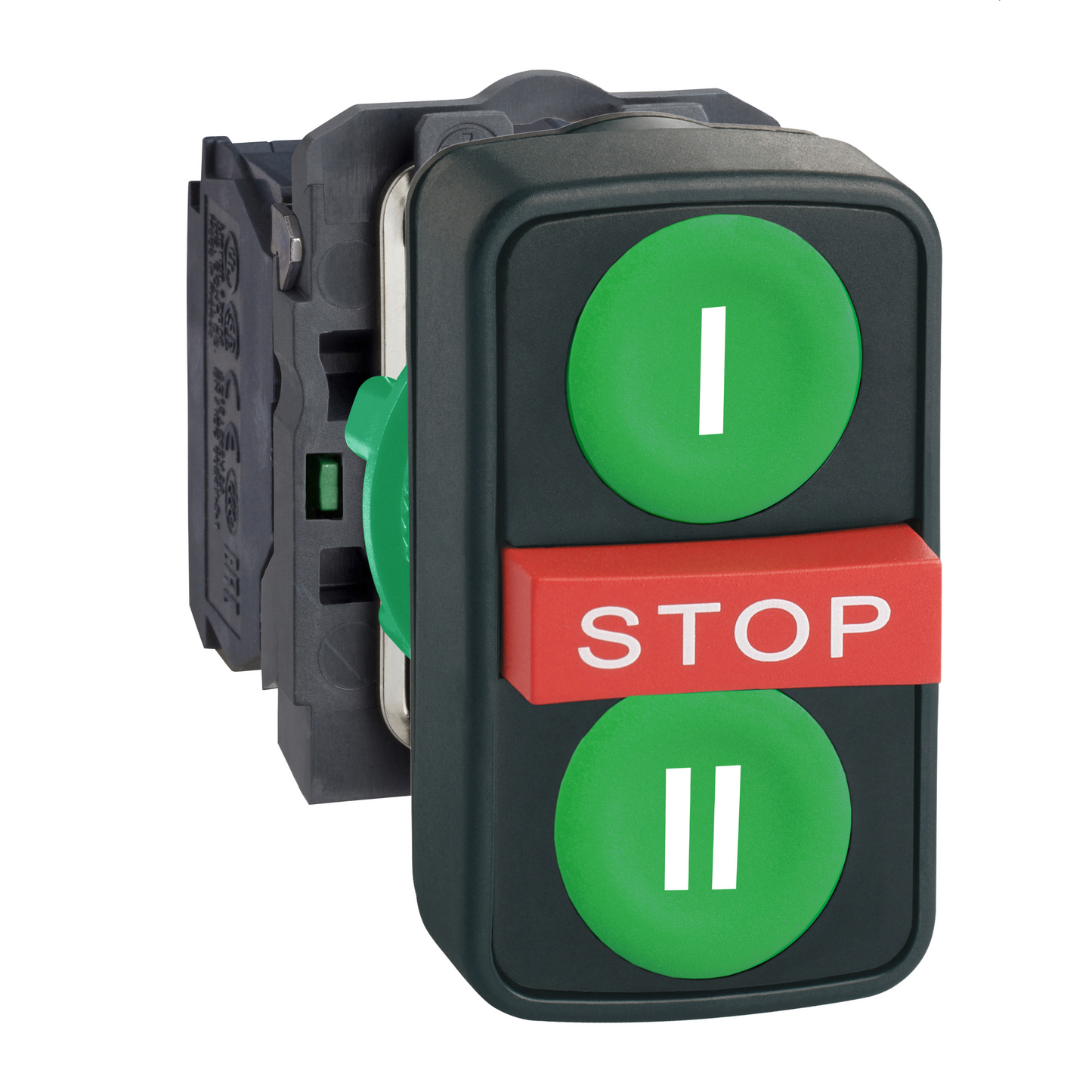 Schneider Electric-XB5AA731327-Harmony XB5 - bouton 3 touches - Ø22 - vert/vert/rouge - 1O+2F - vis étrier