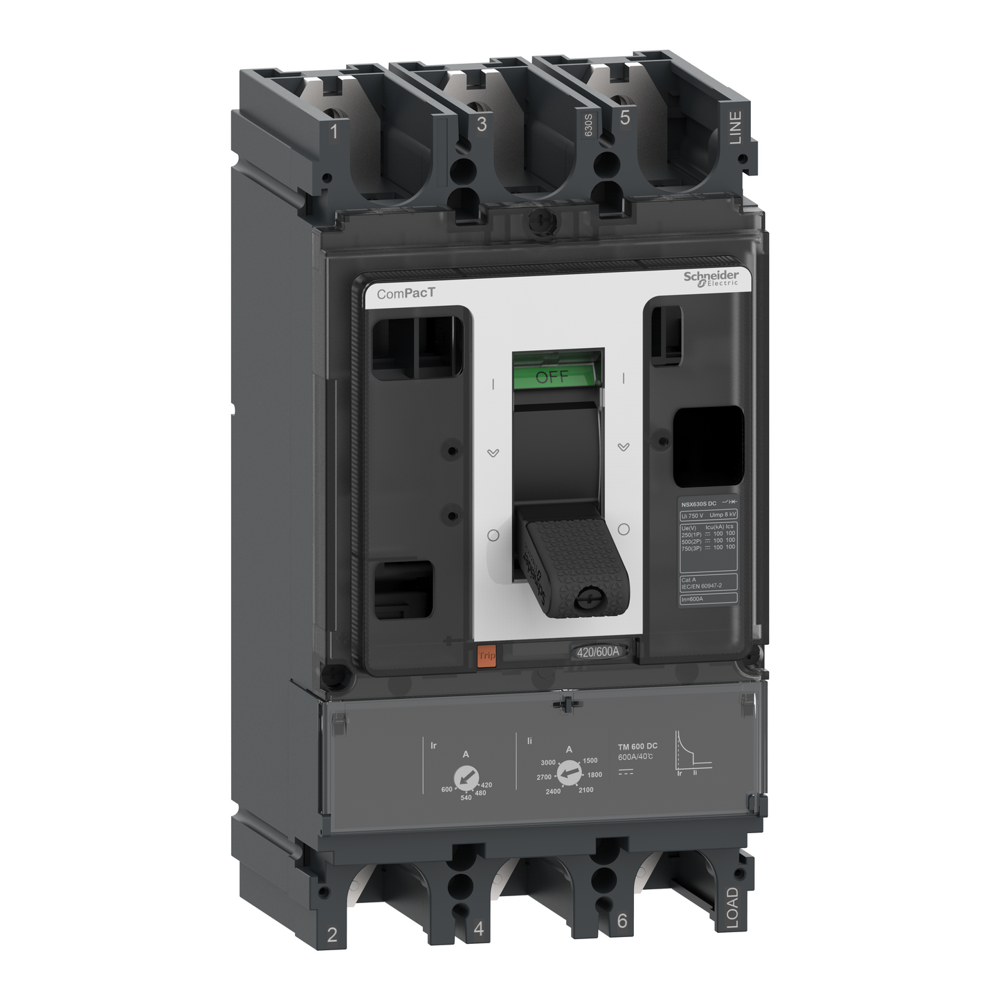 Schneider Electric-C63S3TM600D-ComPacT NSX630S DC - Disjoncteur CC - TM-DC 600A - 3P3D - 100kA - montage fixe