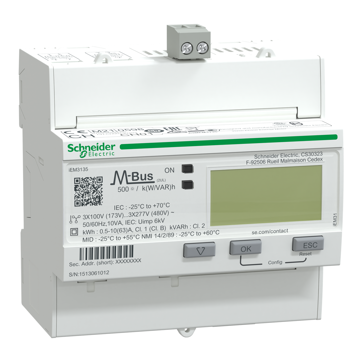 Schneider Electric-A9MEM3135-Acti9 iEM - compteur d'énergie tri - 63A - multitarif - alarme kW - Mbus - MID