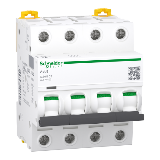 Schneider Electric-A9F74402W-Reconditionné - Acti9 iC60N - Disjoncteur 4P 2A - Courbe C - 400Vca - 6000A/50kA