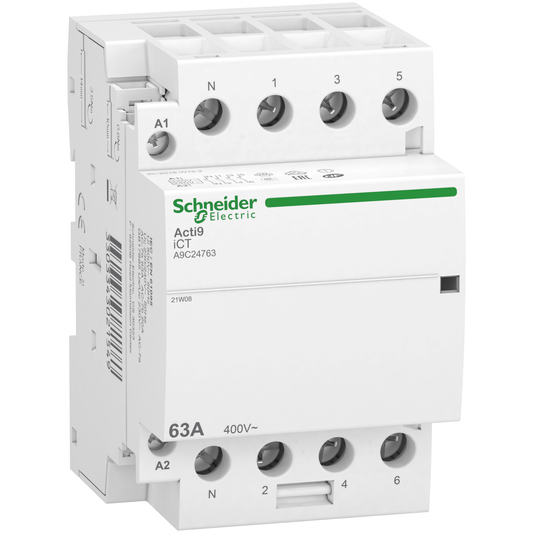 Schneider Electric-A9C24763-Acti9 iDT40 CT - Contacteur tête de grp 3P+N 63A AC7a - 4NO - 230/240Vca - 50Hz