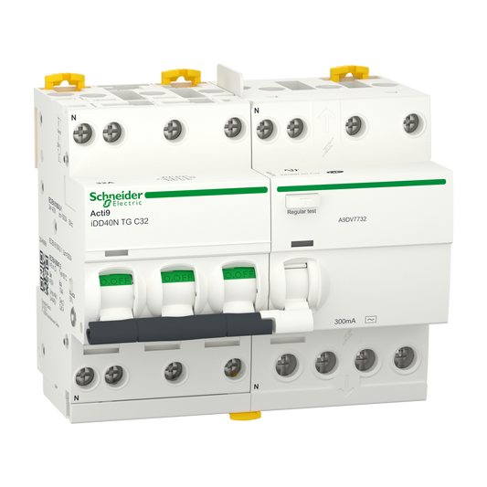 Schneider Electric-A9DV7732-Acti9 iDD40N - Disj dif. tête de grp - 3P+N 32A - C - 6000A/10kA - 300mA Type AC