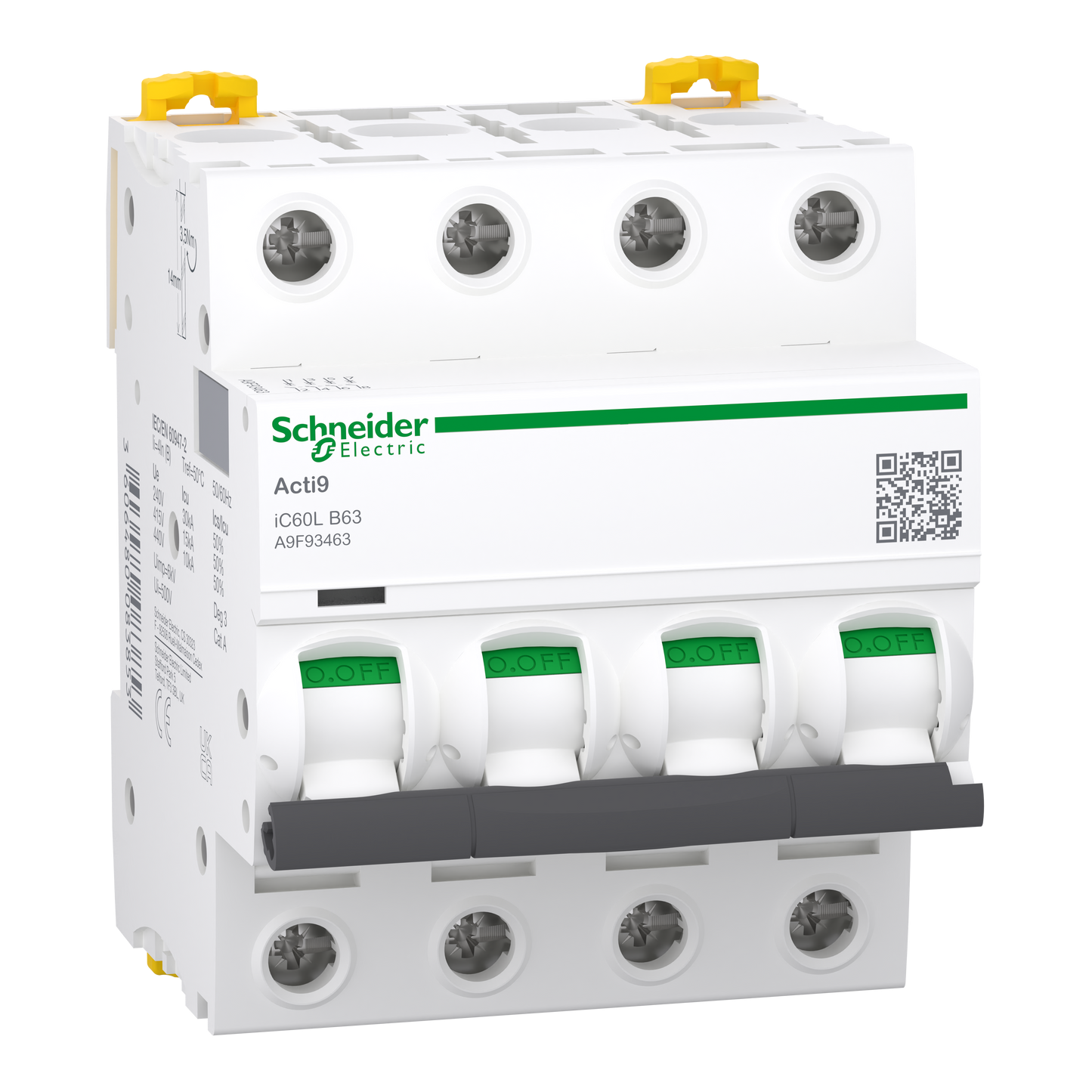 Schneider Electric-A9F93463-Acti9 iC60L - Disjoncteur - 4P - 63A - Courbe B - 400Vac - 15000A/15kA