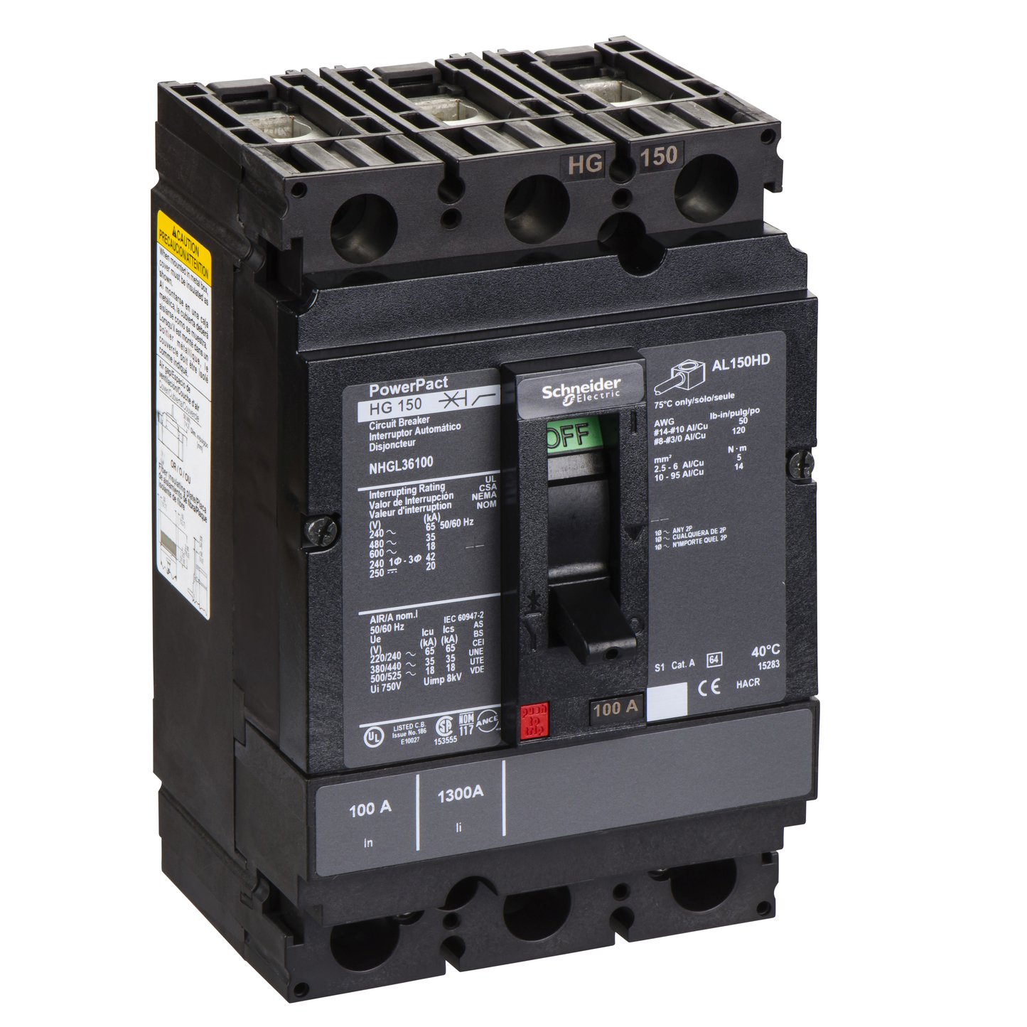 Schneider Electric-NHGL36100-PowerPact H - disjoncteur 150A - avec bornes - 35kA - TMD - 100A - 3P 3d