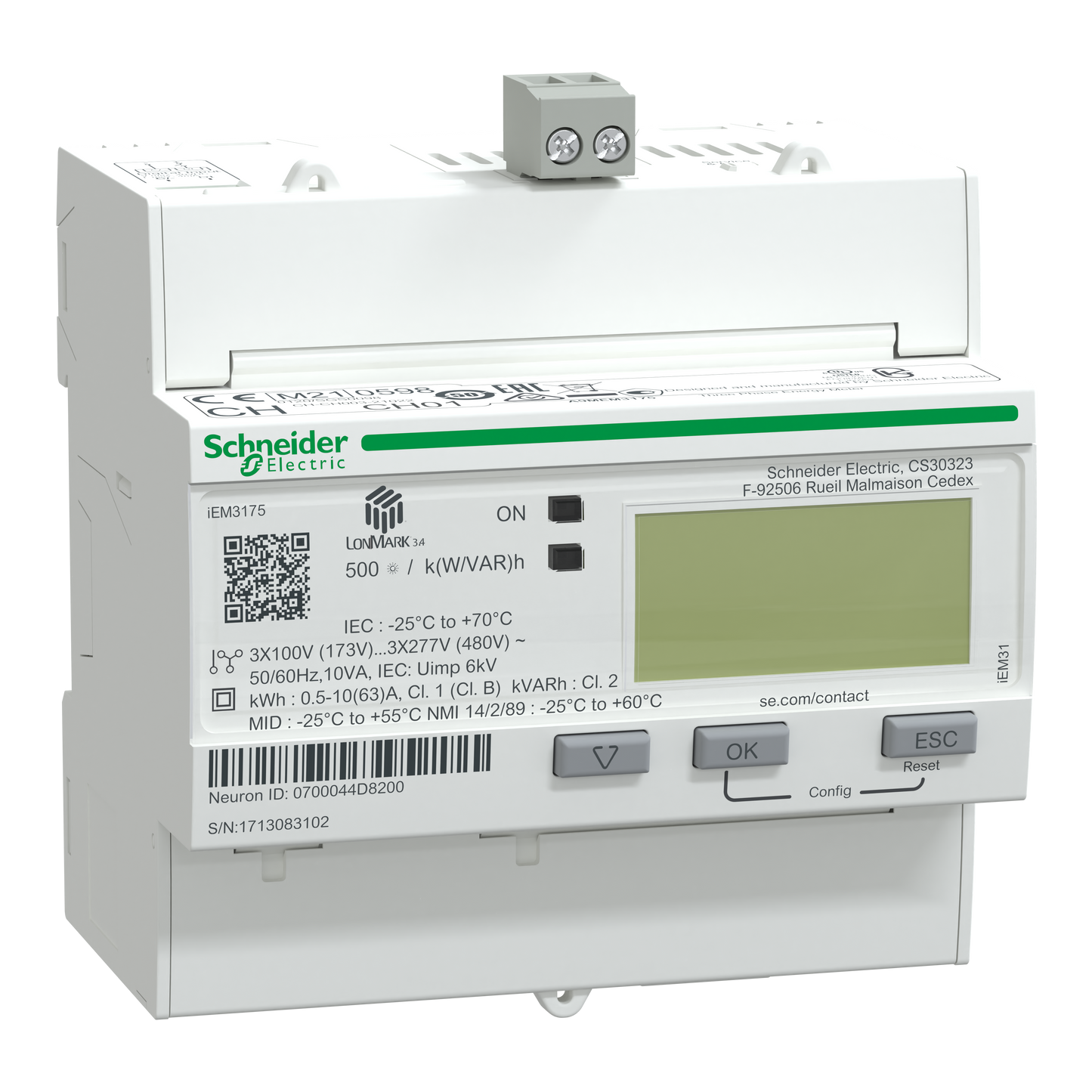 Schneider Electric-A9MEM3175-Acti9 iEM - compteur d'énergie tri - 63A - multitarif - LON - MID