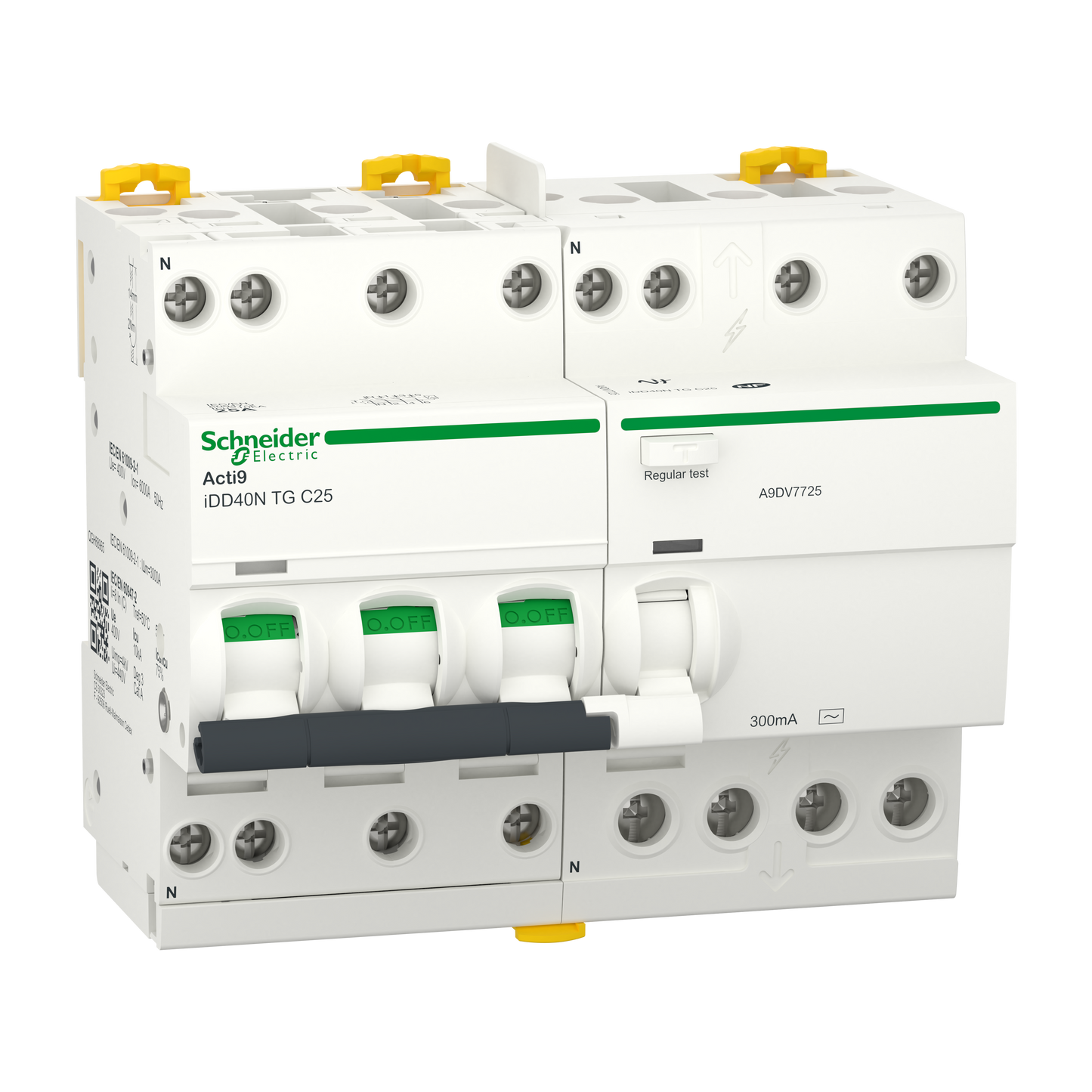 Schneider Electric-A9DV7725-Acti9 iDD40N - Disj dif. tête de grp - 3P+N 25A - C - 6000A/10kA - 300mA Type AC