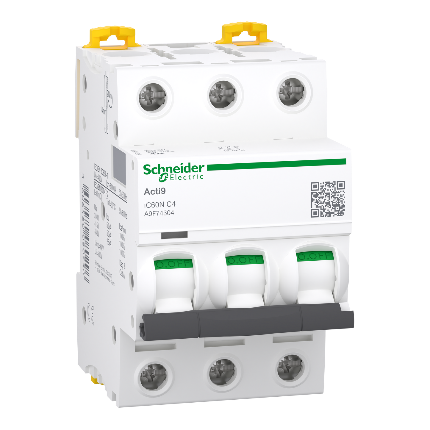 Schneider Electric-A9F74304-Acti9 iC60N - Disjoncteur - 3P - 4A - Courbe C - 400Vca - 6000A/50kA