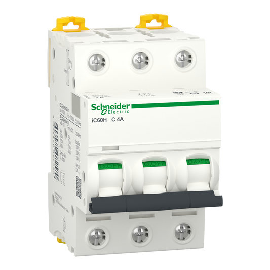 Schneider Electric-A9F84304-Acti9 iC60H - Disjoncteur - 3P - 4A - Courbe C - 400Vca - 10000A/70kA