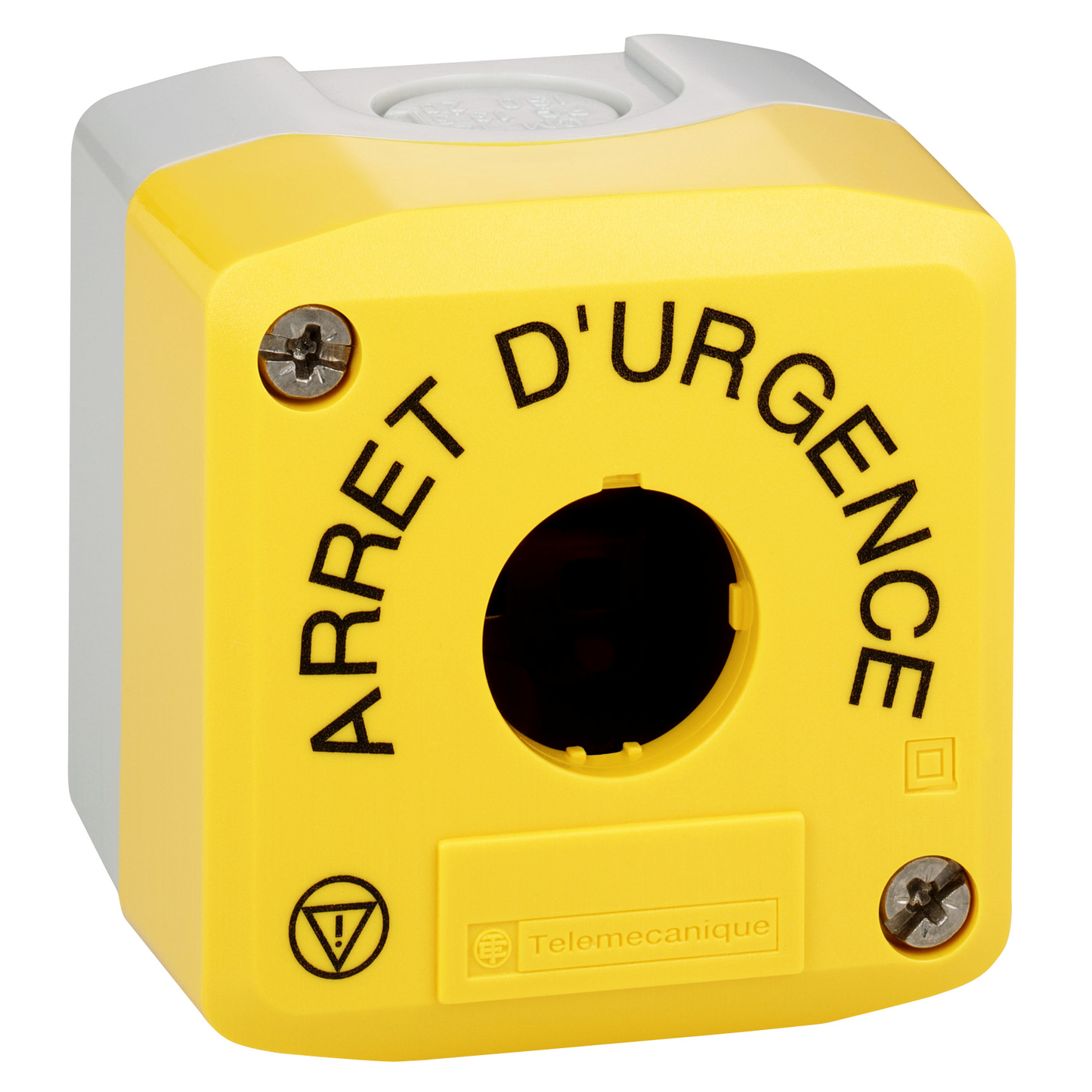 Schneider Electric-XALK01HFR-Harmony boite - 1 trou - couvercle jaune - ARRET D'URGENCE - logos EN13850