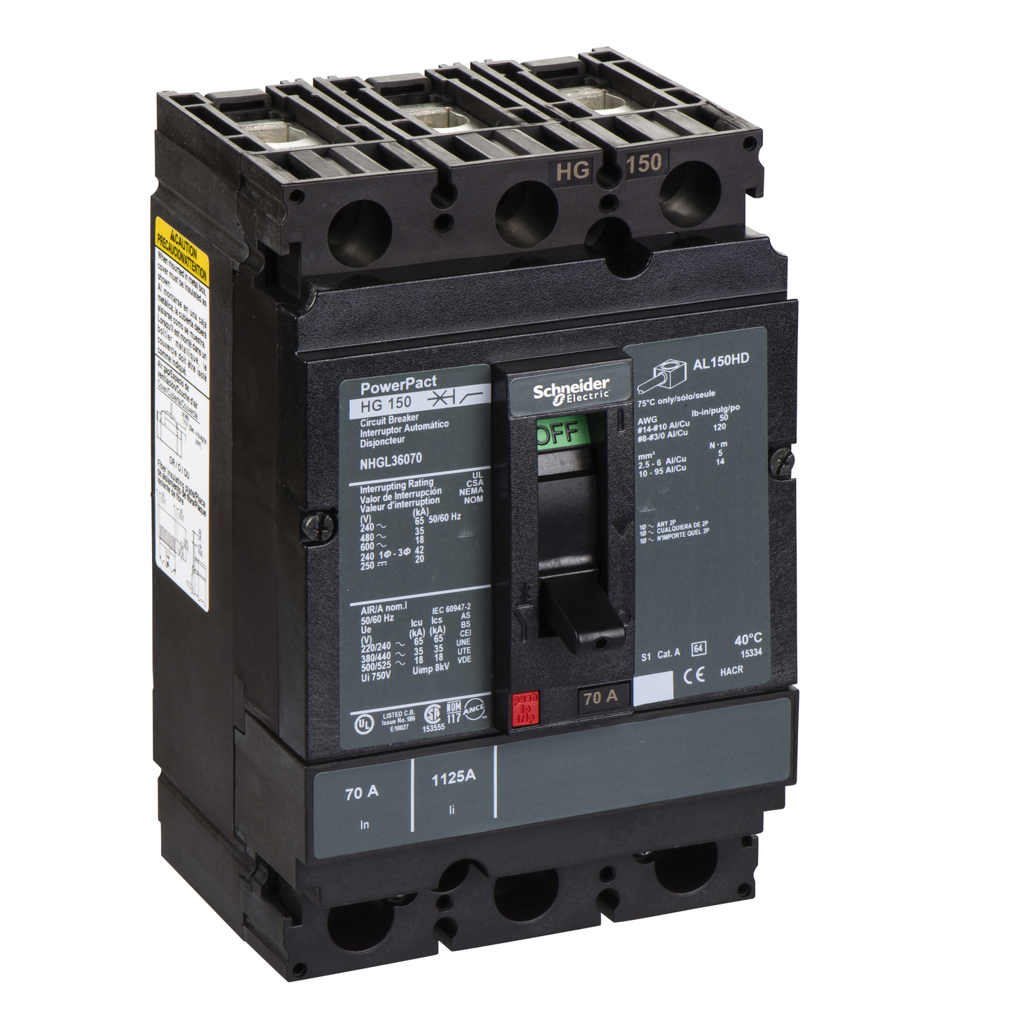 Schneider Electric-NHGL36070-PowerPact H - disjoncteur 150A - avec bornes - 35kA - TMD - 70A - 3P 3d