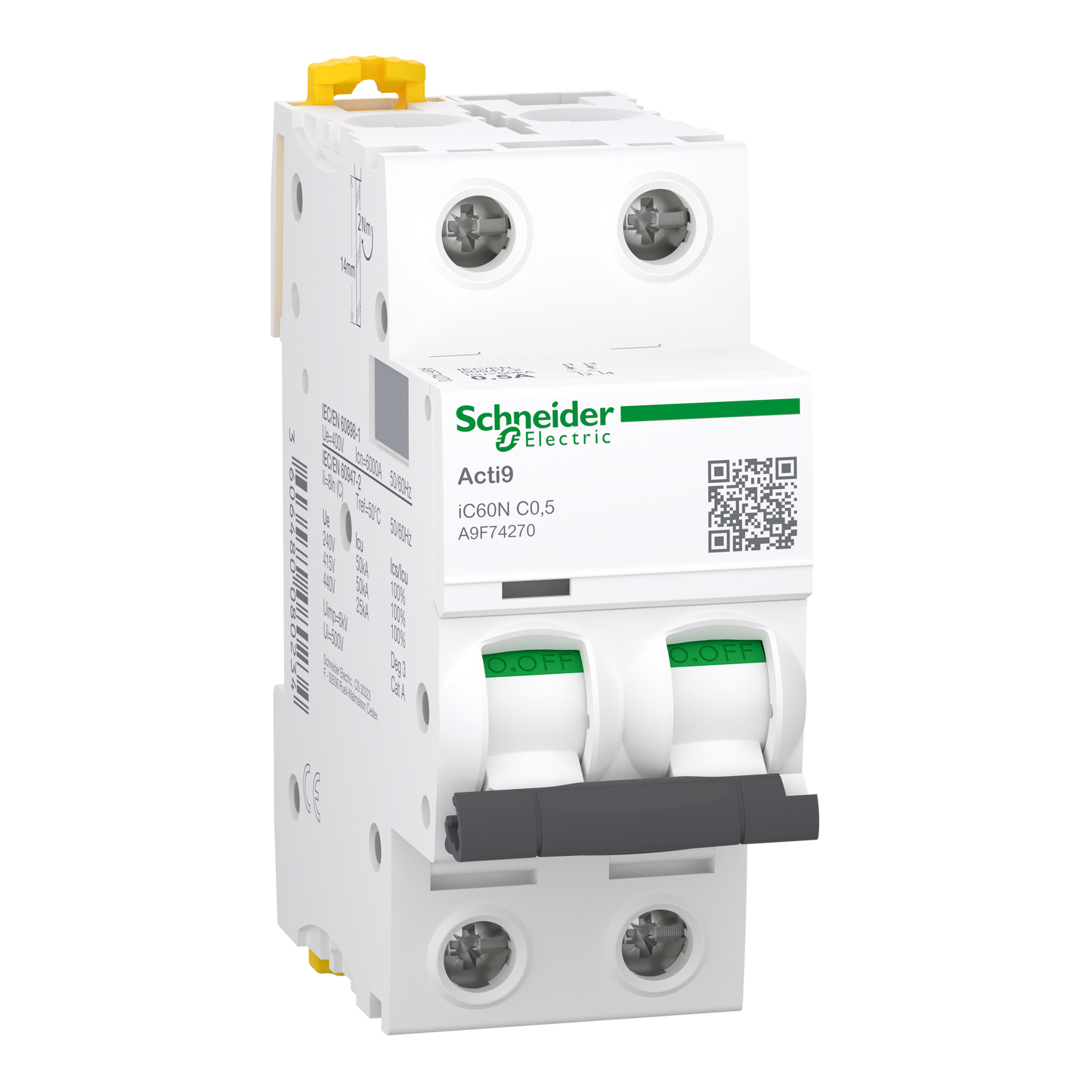 Schneider Electric-A9F74270-Acti9 iC60N - Disjoncteur - 2P - 0,5A - Courbe C - 400Vca - 6000A/50kA
