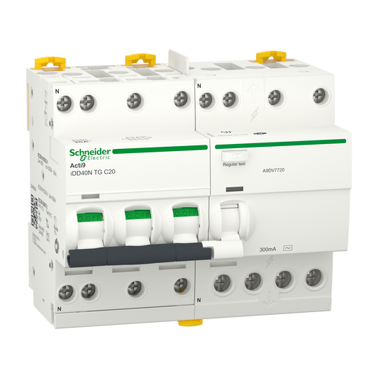 Schneider Electric-A9DV7720-Acti9 iDD40N - Disj dif. tête de grp - 3P+N 20A - C - 6000A/10kA - 300mA Type AC