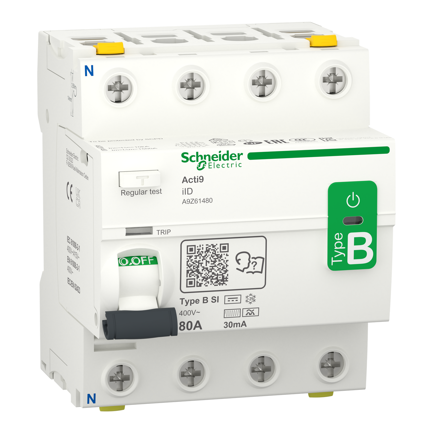 Schneider Electric-A9Z61480-Acti9 iID - interrupteur différentiel - 4P - 80A - 30mA - type B - SI - 400V