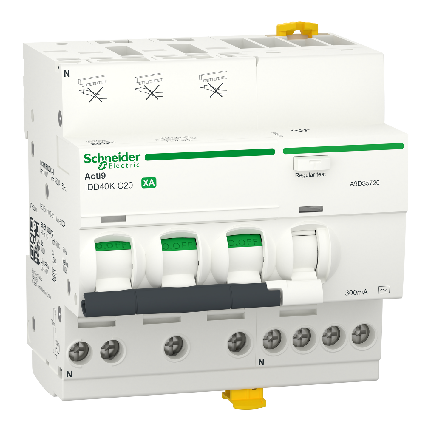 Schneider Electric-A9DS5720-Acti9 iDD40K XA - Disj dif auto/vis - 3P+N - 20A - Crb C - 4500A - 300mA Type AC