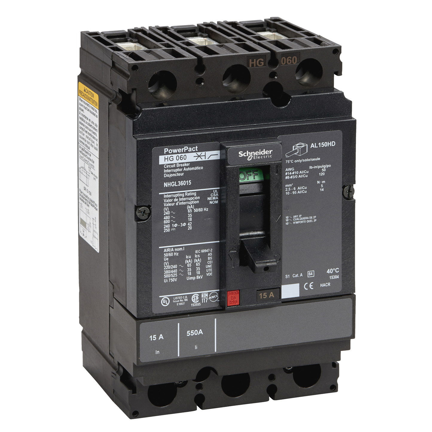 Schneider Electric-NHJL36015-PowerPact H - disjoncteur 150A - avec bornes - 65kA - TMD - 15A - 3P 3d